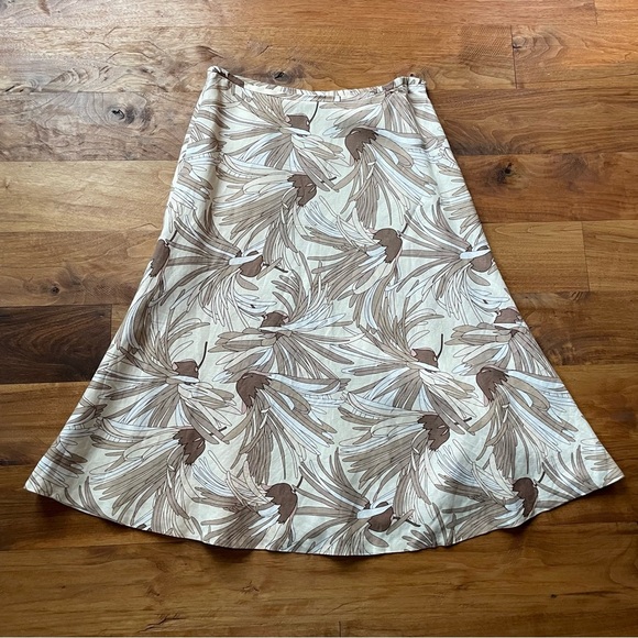 Vintage Linen Blend Floral A-Line Beige and Tan Midi Skirt 90s Y2K Office Work - Picture 5 of 12